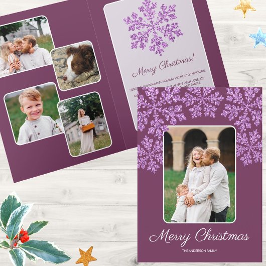 Cartes Pour Fêtes Annuelles Snowflake Plum Bling Script tendance Chic 5 Photo