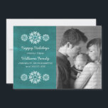Cartes Pour Fêtes Annuelles Snowflakes Chalkboard Photo Flat Card Turquoise<br><div class="desc">Carte Flat Photo Chalkboard moderne et tendance avec un look arrière - plan de tableau noir turquoise et d'élégants flocons de neige en blanc. Ce carte photo chic est parfait pour envoyer des salutations de vacances. Customisez avec votre propre photo de famille et l'accueil personnalisé de votre choix. Cliquez sur...</div>