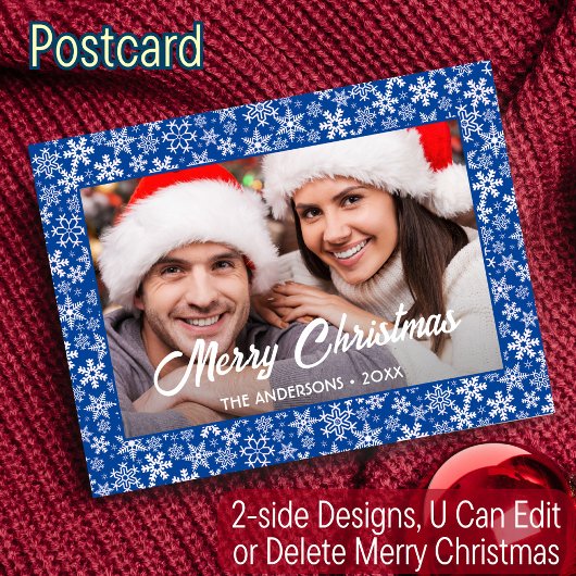 Cartes Pour Fêtes Annuelles Snowflakes Christmas Family Photo Script Blue