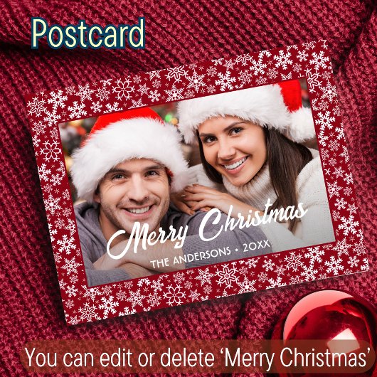 Cartes Pour Fêtes Annuelles Snowflakes Custom Photo Script de Noël Rouge