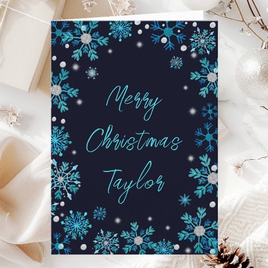 Cartes Pour Fêtes Annuelles Snowflakes en argent bleu Joyeux Noël avec nom