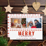 Cartes Pour Fêtes Annuelles Snowflakes Joyeux Noël Script Famille 2 Photo<br><div class="desc">Snowflakes Joyeux Script de Noël Famille 2 Photo Carte de vacances. Joli motif de flocon rouge. La typographie et le script moderne et tendance. Ajoutez 2 photos et du texte et faites une carte douce et chic.</div>
