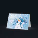 Cartes Pour Fêtes Annuelles Snowman<br><div class="desc">Snowman Jouer dans la neige avec Arrière - plan bleu</div>