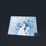 Cartes Pour Fêtes Annuelles Snowman<br><div class="desc">Snowman Jouer dans la neige avec Arrière - plan bleu</div>