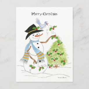 Cartes Pour Fêtes Annuelles Snowman avec oiseau bleu