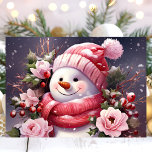 Cartes Pour Fêtes Annuelles Snowman avec Roses roses roses Noël<br><div class="desc">Détendez la joie festive avec cette charmante carte de vacances avec un bonhomme de neige vêtu d'un foulard rose,  entouré de roses roses et de baies d'hiver. Parfait pour envoyer de joyeux voeux de Noël,  cette carte ajoute une touche fantaisiste à vos salutations de vacances.</div>