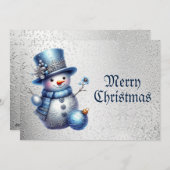 Cartes Pour Fêtes Annuelles Snowman bleu Noël Elégant hiver (Devant / Derrière)