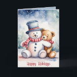 Cartes Pour Fêtes Annuelles Snowman De Noël Et Ours En Teddy<br><div class="desc">Ours en peluche marron à l'aquarelle mignon en flocons de neige avec bonhomme de neige. Le texte est modifiable.</div>
