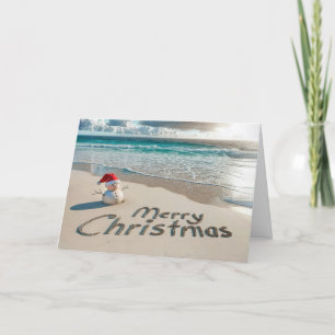 Cartes Pour Fêtes Annuelles Snowman de Noël tropical sur une plage