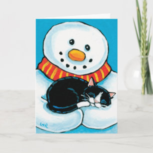 Cartes Pour Fêtes Annuelles Snowman Dormir Tuxedo Peinture Chat