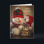 Cartes Pour Fêtes Annuelles Snowman et ours avec Snowglobe<br><div class="desc">image d'un bonhomme de neige en peluche et d'un ours avec un globe de neige en provenance d'eux. Le bonhomme de neige a un tartan ou un casquette de ski rouge plaid, et l'ours a un chapeau de santa rouge.</div>