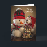 Cartes Pour Fêtes Annuelles Snowman et ours avec Snowglobe<br><div class="desc">image d'un bonhomme de neige en peluche et d'un ours avec un globe de neige en provenance d'eux. Le bonhomme de neige a un tartan ou un casquette de ski rouge plaid,  et l'ours a un chapeau de santa rouge.</div>