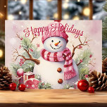 Cartes Pour Fêtes Annuelles Snowman gai en Écarf rose<br><div class="desc">Faites passer la joie des vacances avec cette adorable carte d'un bonhomme de neige joyeux portant un foulard rose, entouré de cadeaux festifs et de saints. Parfait pour envoyer des salutations de vacances à vos amis et à votre famille, cette carte ajoute une touche de fantaisie et de charme à...</div>