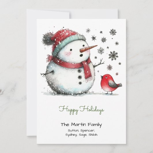 Cartes Pour Fêtes Annuelles Snowman mignon et Oiseau rouge heureux (Devant)