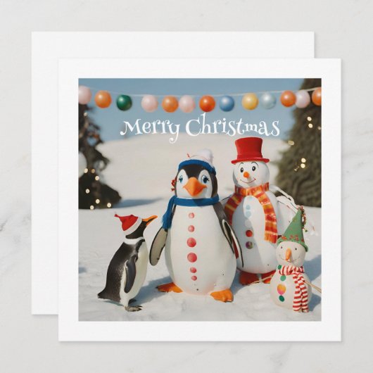 Cartes Pour Fêtes Annuelles Snowman & Penguin #2 Personnalisé Novelle Noël (Devant / Derrière)