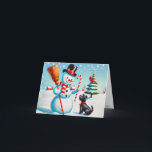 Cartes Pour Fêtes Annuelles Snowman Rétro, Chien Maigre, Cardinal Rouge Et Arb<br><div class="desc">C'est une scène de vacances hivernales avec un bonhomme de neige souriant, un mignon chien de terrier, et un curieux cardinal rouge, entouré de sapins dans une scène hivernale. Fait un magnifique décor de Noël ou de fête de Thanksgiving. Personnalisez ce design avec un monogramme, un nom ou une photo....</div>