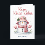 Cartes Pour Fêtes Annuelles Snowman rose Warm Winter WWwwwwwwwings<br><div class="desc">Envoyez une douce fête de Noël avec cette adorable carte de vacances personnalisée avec une charmante femme des neiges habillée d'accessoires d'hiver roses, avec un casquette festif, un foulard et des mitaines en forme de coeur. Cette illustration douce et fantaisiste est parfaite pour les familles, les amis ou toute personne...</div>