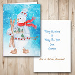 Cartes Pour Fêtes Annuelles Snowman Skier Noël<br><div class="desc">Le devant de cette carte de Noël a une aquarelle d'un mignon bonhomme de neige vêtu d'un pull, d'un casquette et d'une écharpe d'hiver. Il tient ses skis et ses bâtons de ski, et est placé sur une neige abstraite bleu vif et arrière - plan étoilé. À l'intérieur de la...</div>