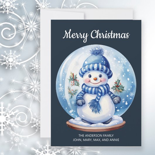 Cartes Pour Fêtes Annuelles Snowman Snowglobe Navy Bleu Blanc Joyeux Noël