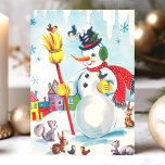 Cartes Pour Fêtes Annuelles Snowman vintage Avec Animaux Noël<br><div class="desc">Célébrez la saison des Fêtes avec cette charmante carte vintage de Noël avec un bonhomme de neige joyeux entouré d'adorables animaux. La scène fantaisiste est composée d'oiseaux, d'écureuils et d'un lapin, le tout dans un décor de village d'hiver coloré. Cette carte de vacances nostalgique capte la magie et l'innocence d'un...</div>