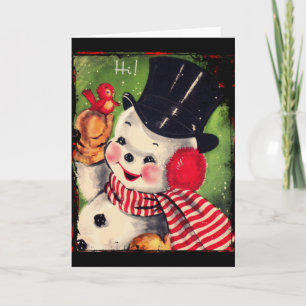 Cartes Pour Fêtes Annuelles Snowman vintage avec un Oiseau Rouge