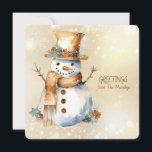 Cartes Pour Fêtes Annuelles Snowman voeux de Noël de Nom Famille<br><div class="desc">Un joli bonhomme de neige joyeux avec des accessoires dorés et bruns et un GREETINGS de la famille NAME</div>
