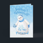 Cartes Pour Fêtes Annuelles Snowman Wonderland for Friend Christmas Card<br><div class="desc">Cute little snowman with blue winter a et mittens as delicate snowflakes fall through the blue sky is a delightful christmas design for greetings to your special friend. Donc,  vous êtes un enjoy matching stamps et venin ts available in my store. Original et design par Anura Design Studio.</div>