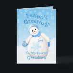 Cartes Pour Fêtes Annuelles Snowman Wonderland for Grandson Christmas Card<br><div class="desc">Petit bonhomme de neige mignon avec un casquette d'hiver bleu et mitaines comme des flocons de neige délicats tombent dans le ciel bleu est un design de Noël délicieux pour les salutations à votre petit-fils spécial. Vous pouvez également profiter des timbres et des cadeaux assortis disponibles dans mon magasin. Art...</div>