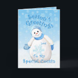Cartes Pour Fêtes Annuelles Snowman Wonderland pour Cousin Christmas Card<br><div class="desc">Petit bonhomme de neige mignon avec un casquette d'hiver bleu et mittens comme délicats flocons de neige tombent dans le ciel bleu est un design de Noël délicieux pour les salutations à votre Cousin spécial. Vous pouvez également profiter des timbres et des cadeaux assortis disponibles dans mon magasin. Art original...</div>
