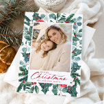 Cartes Pour Fêtes Annuelles Snowy Winter Botanique Joyeux Noël Photo<br><div class="desc">Envoyez des voeux de vacances à votre famille et à vos amis avec un carte photo de vacances élégant par Late Bloom Paperie! La carte festive présente votre photo verticale préférée encadrée de fleurs rouges peintes, de fleurs de coton, de baies sèches, de feuilles d'eucalyptus et de boughs de pin....</div>