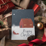 Cartes Pour Fêtes Annuelles Snowy Winter Scène Noël<br><div class="desc">Joyeux Noël en écriture ludique. Scène hivernale enneigée avec ciel nocturne,  constellations,  renard rouge et chalet rouge brique.</div>