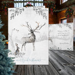 Cartes Pour Fêtes Annuelles Snowy Winter Woodland Reinder Et Friends<br><div class="desc">Rennes d'aquarelle dans un paysage boisé d'hiver verdoyant avec des amis,  M. Hare et Mlle Chickadees. Customisez le dicton à n'importe quel dicton ou langue.</div>