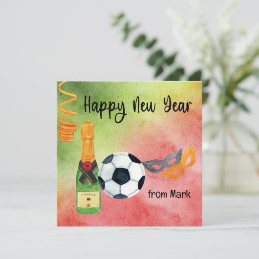 Cartes Pour Fêtes Annuelles Soccer Bonne année avec Ball et Champagne (Debout devant)