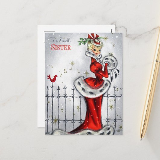 Cartes Pour Fêtes Annuelles Soeur de Noël rétro (Devant/Arrière en situation)