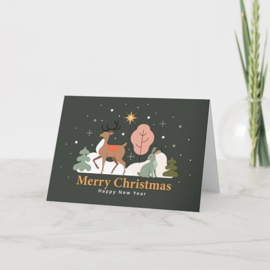 Cartes Pour Fêtes Annuelles Soirée de Noël tranquille avec rennes et lapin (Devant)