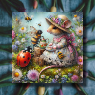 Cartes Pour Fêtes Annuelles Soirée Thé de Pâques Mouse Bees Ladybugs