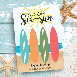 Cartes Pour Fêtes Annuelles Soleil Marin Planche de Surf Tropicale Noël Côté M
