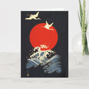 CARTES POUR FÊTES ANNUELLES SOLEIL ROUGE, GRUES VOLANTES JAPONAISES, VAGUES DE