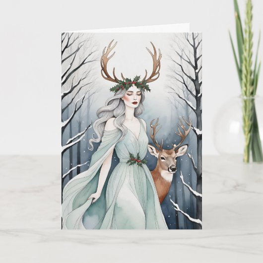 Cartes Pour Fêtes Annuelles Solstice d'hiver déesse & cerf dans la forêt (Devant)