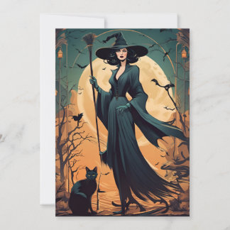 Cartes Pour Fêtes Annuelles Sorcière Art Déco avec chat noir et Pleine lune