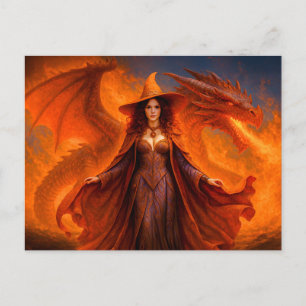 Cartes Pour Fêtes Annuelles Sorcière avec dragon rouge et feu ardent