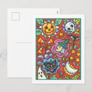 CARTES POUR FÊTES ANNUELLES SORCIÈRE, CHAT, FANTÔME, JARDIN DE FOLK COLORÉ D'H