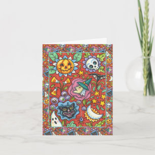 CARTES POUR FÊTES ANNUELLES SORCIÈRE, CHAT, FANTÔME, JARDIN DE FOLK COLORÉ D'H