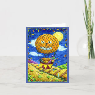 CARTES POUR FÊTES ANNUELLES SORCIÈRE, CHAT NOIR DANS UNE MONTGOLFIÈRE ART FOLK