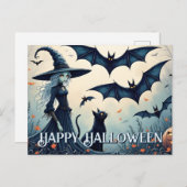 Cartes Pour Fêtes Annuelles Sorcière, chat noir et chauves-souris dans le ciel (Devant / Derrière)