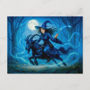 Cartes Pour Fêtes Annuelles Sorcière chevauchant une chèvre à travers une forê