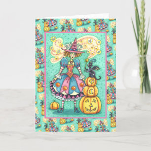 CARTES POUR FÊTES ANNUELLES SORCIÈRE DE LA FÊTE ROSE EST LA MAGIE D'HALLOWEEN,