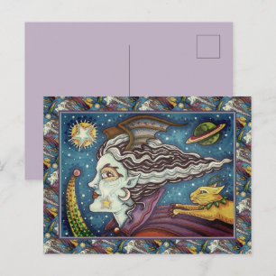CARTES POUR FÊTES ANNUELLES SORCIÈRE DE SCIENCE-FICTION SPATIALE & CHAT COMÈTE