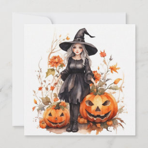 Cartes Pour Fêtes Annuelles Sorcière d'Halloween à l'aquarelle avec des citrou