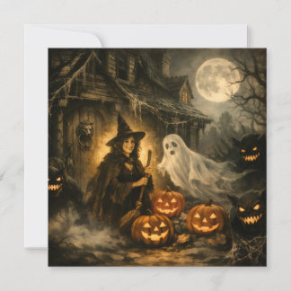 Cartes Pour Fêtes Annuelles Sorcière d'Halloween avec fantôme, monstres et cit